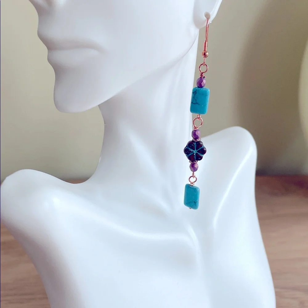 HAND CRAFTED TURQUOISE AND CZECH GLASS EARRINGS Copper Turquoise Purple Dangles